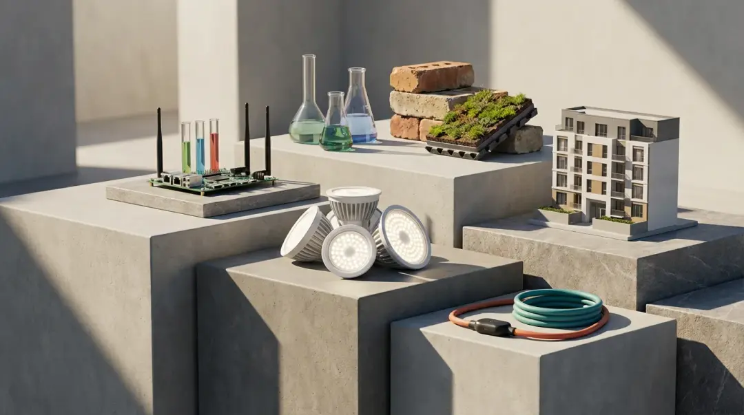 Glassware, an architectural model, and cables arranged on concrete blocks